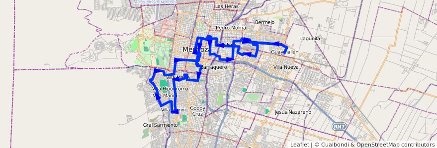 Mapa del recorrido 71 - Guaymallén - Godoy Cruz por O'Brien de la línea G05 en 门多萨省.