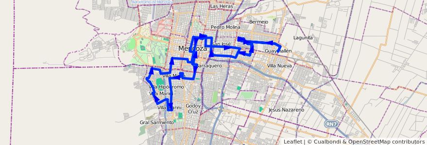 Mapa del recorrido 71 - Guaymallén - Godoy Cruz por Terminal - Casa de Gob. de la línea G05 en Mendoza.