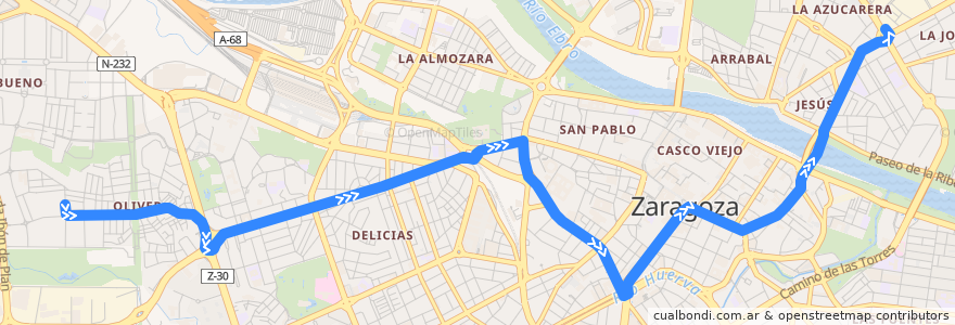 Mapa del recorrido Bus 21: Oliver => Plaza Mozart de la línea  en ساراگوسا.