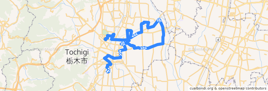 Mapa del recorrido 栃木市ふれあいバス大宮国府線南回り メディカルしもつが・栃木駅⇒惣社東工業団地⇒メディカルとちのき・イオン de la línea  en 栃木市.