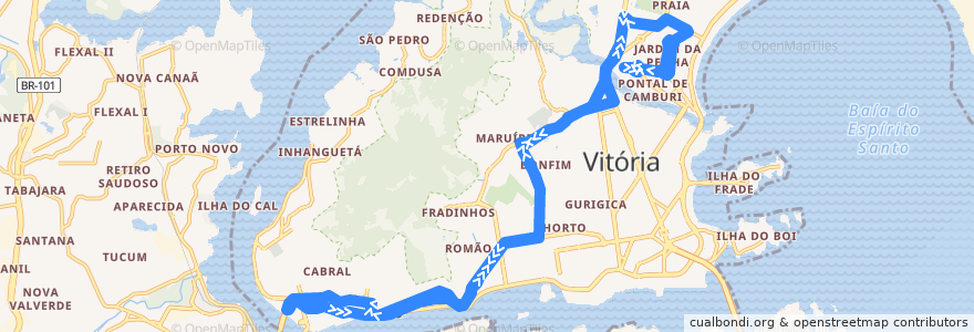 Mapa del recorrido 0184 Jardim da Penha / Rodoviária via Maurípe de la línea  en Vitória.