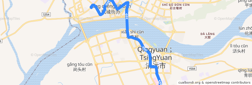 Mapa del recorrido 清远101路公交（市人民医院—小市桥南—胜利雅苑） de la línea  en Distretto di Qingcheng.