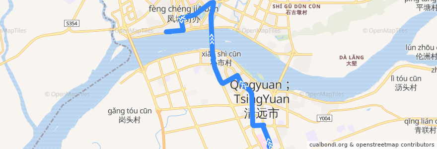 Mapa del recorrido 清远102路公交（市人民医院——下廓街） de la línea  en ناحیه کینگچنگ.