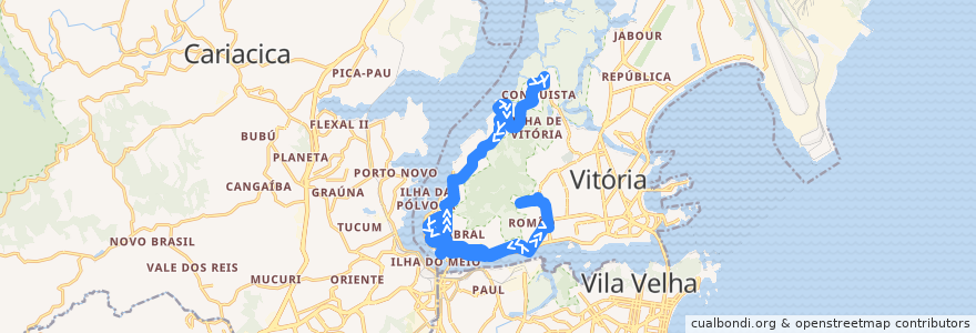 Mapa del recorrido 0010 Nova Palestina / Fradinhos via Av Vitória de la línea  en Região Metropolitana da Grande Vitória.