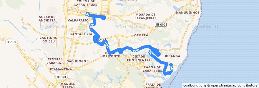Mapa del recorrido 884 Bicanga / T. Laranjeiras via Balneário Carapebus/Oceania/Laranjeiras de la línea  en Serra.