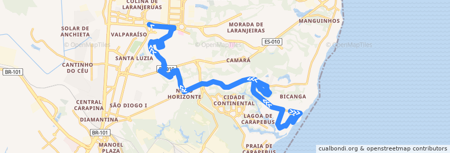 Mapa del recorrido 884 Bicanga / T. Laranjeiras via Balneário Carapebus/Oceania/Laranjeiras de la línea  en Serra.