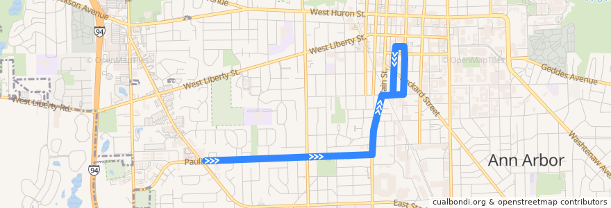 Mapa del recorrido Pauline de la línea  en Ann Arbor.