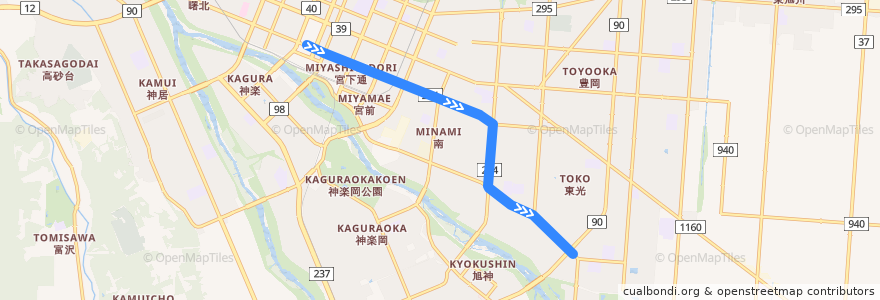 Mapa del recorrido [11]東光1丁目線 de la línea  en 旭川市.