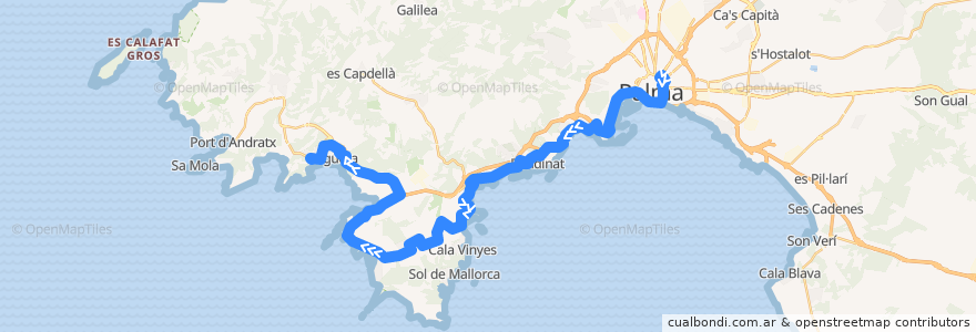 Mapa del recorrido Bus 104: Palma → Magaluf → Peguera de la línea  en Calvià.