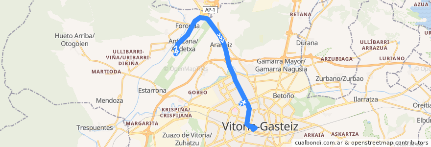 Mapa del recorrido Aeropuerto → Vitoria-Gasteiz de la línea  en Vitoria-Gasteiz.