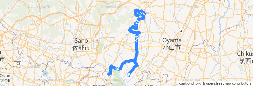 Mapa del recorrido 栃木市ふれあいバス部屋線 栃木駅⇒部屋出張所・部屋南部桜づつみ公園⇒藤岡駅 de la línea  en 栃木市.