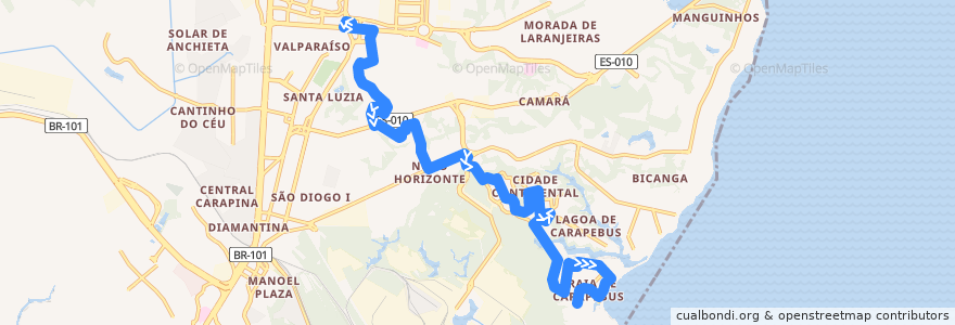 Mapa del recorrido 883 Praia de Carapebus / T.Laranjeiras via Cidade Continental/Laranjeiras de la línea  en Serra.