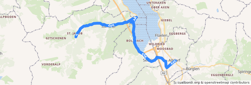 Mapa del recorrido Bus 405: Altdorf UR, Post => Isenthal, Seilbahn St. Jakob de la línea  en Uri.