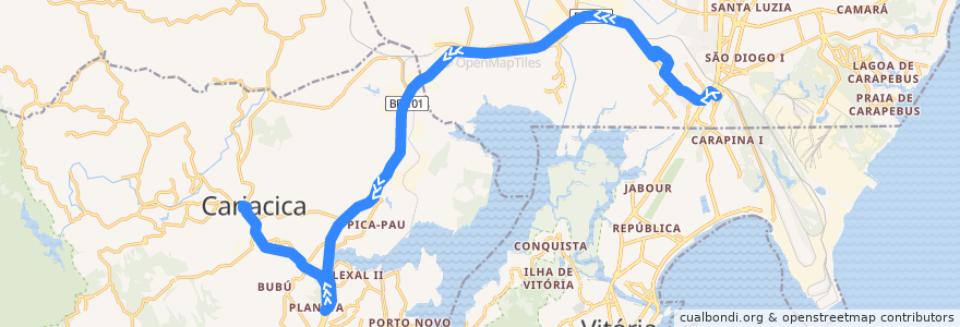 Mapa del recorrido 596 T.Carapina / Cariacica via Rod Jose Sette de la línea  en Região Metropolitana da Grande Vitória.