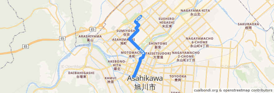 Mapa del recorrido [22]春光6条線 de la línea  en Асахикава.