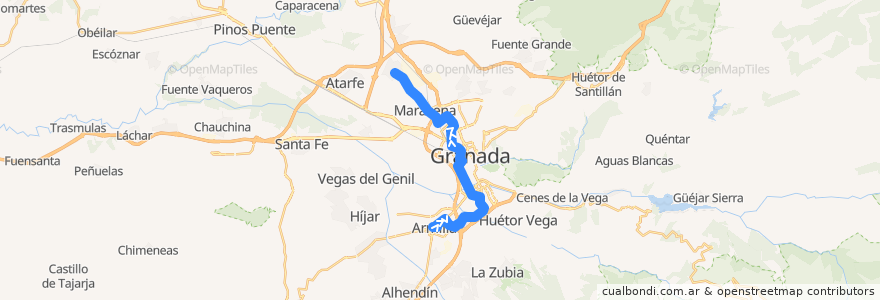 Mapa del recorrido Línea 1 - Metro de Granada (Armilla→Albolote) de la línea  en Comarca de la Vega de Granada.