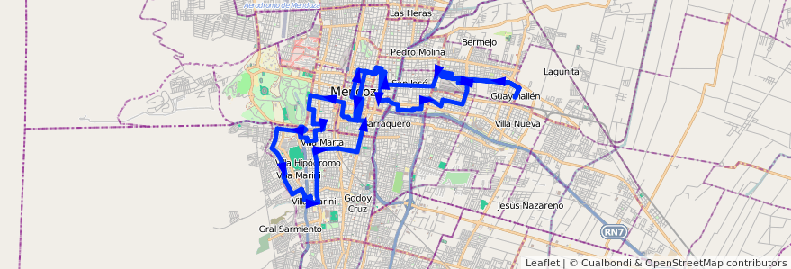 Mapa del recorrido 72 - San Ignacio por Colón - Casa de Gob. de la línea G05 en Mendoza.