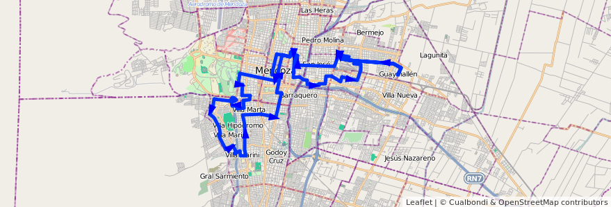 Mapa del recorrido 72 - San Ignacio por Colón de la línea G05 en Mendoza.