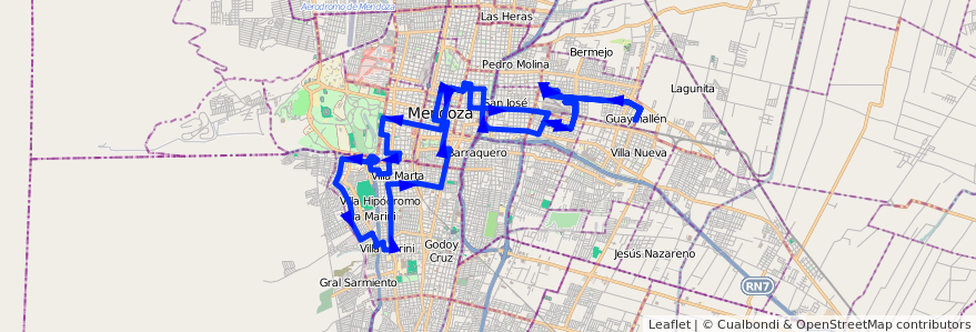 Mapa del recorrido 72 - San Ignacio - Terminal por Colón de la línea G05 en Mendoza.