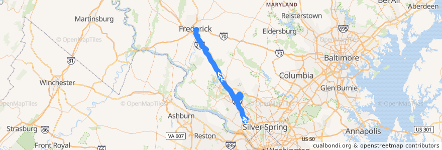 Mapa del recorrido Commuter Bus 515: Frederick/Urbana de la línea  en Maryland.