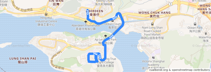 Mapa del recorrido 城巴98線 Citybus 98 (香港仔 Aberdeen → 利東 Lei Tung) de la línea  en Southern District.