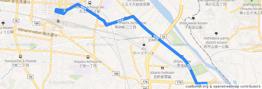 Mapa del recorrido 八王子車庫線 de la línea  en 八王子市.