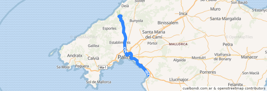 Mapa del recorrido Bus 210: Valldemossa → Platja de Palma de la línea  en Balear Adaları.