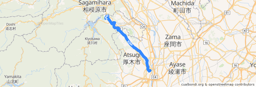 Mapa del recorrido 厚木01系統 de la línea  en Kanagawa Prefecture.