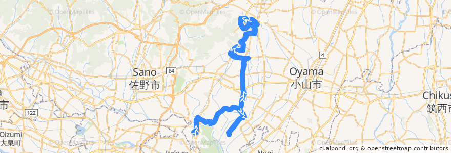 Mapa del recorrido 栃木市ふれあいバス部屋線 藤岡駅⇒部屋出張所・部屋南部桜づつみ公園⇒栃木駅 de la línea  en 栃木市.