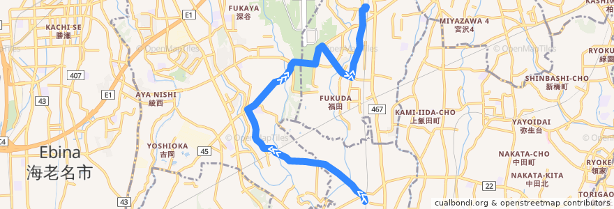 Mapa del recorrido 長33 長後駅西口→大法寺寺・福田→桜ヶ丘駅西口 de la línea  en Wilayah Kanagawa.