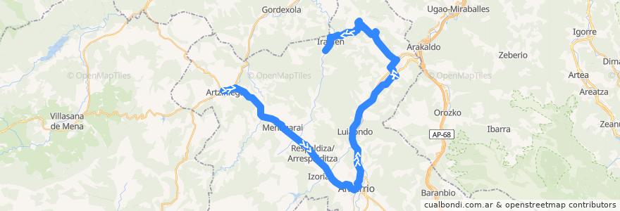 Mapa del recorrido A16 Artziniega → Amurrio → Laudio/Llodio → Okondo de la línea  en Aiarako kuadrilla/Cuadrilla de Ayala.