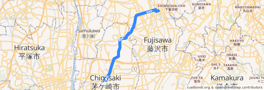 Mapa del recorrido 湘11 茅ヶ崎駅→甘沼・遠藤→湘南台駅西口 de la línea  en Wilayah Kanagawa.