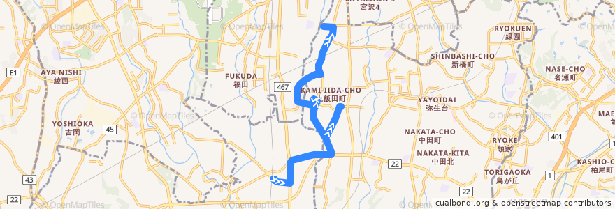 Mapa del recorrido 長55 長後駅→いちょう団地→上飯田車庫 de la línea  en Wilayah Kanagawa.