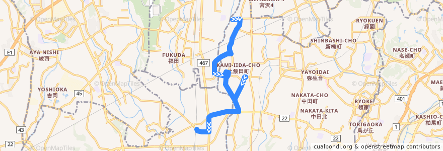 Mapa del recorrido 長55 上飯田車庫→いちょう団地→長後駅 de la línea  en Wilayah Kanagawa.