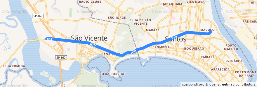 Mapa del recorrido VLT Linha 1: Terminal Barreiros → Terminal Porto de la línea  en Região Metropolitana da Baixada Santista.