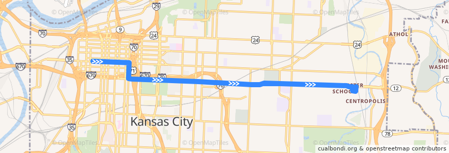 Mapa del recorrido Route 15: Eastbound de la línea  en Kansas City.