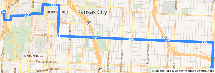 Mapa del recorrido Bus 27: 25th & Summit → 31st and Van Brunt de la línea  en Kansas City.