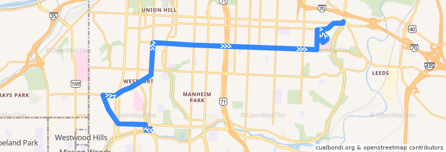 Mapa del recorrido Bus 35: Country Club Plaza → 31st and VanBrunt de la línea  en Kansas City.
