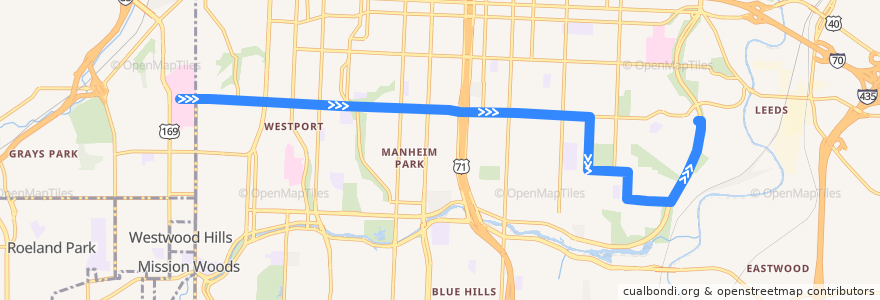 Mapa del recorrido Route 39: Eastbound de la línea  en Kansas City.