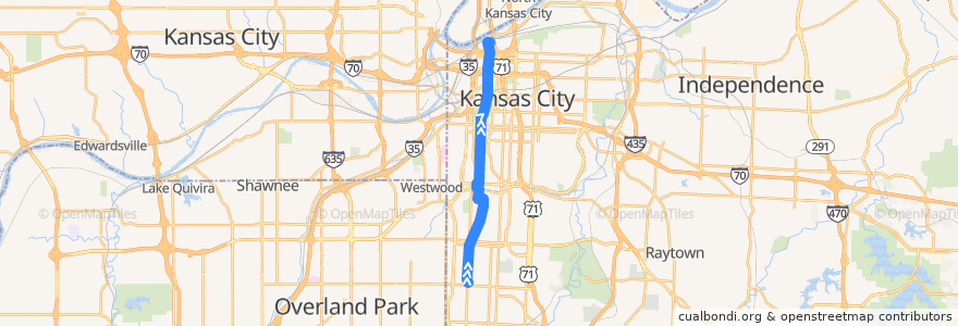 Mapa del recorrido Main Street MAX: Northbound de la línea  en Kansas City.
