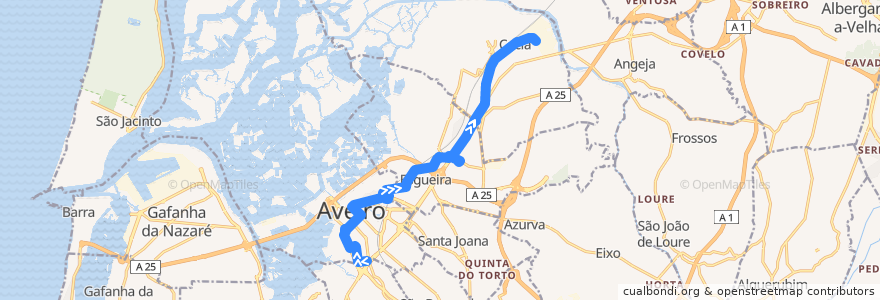 Mapa del recorrido Linha 2: Aveiro (Santiago) => Cacia (Norte) de la línea  en Aveiro.