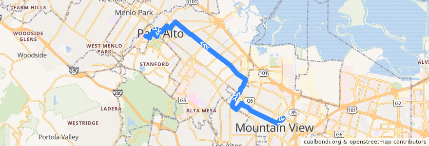 Mapa del recorrido VTA 21: Downtown Mountain View => Stanford Shopping Center de la línea  en Santa Clara County.