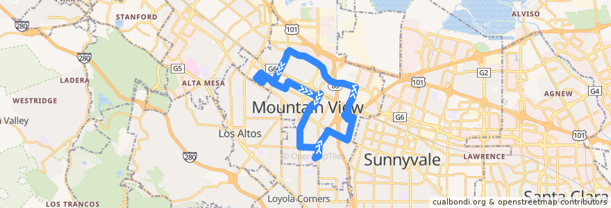 Mapa del recorrido Mountain View Community Shuttle: Red/Counter-Clockwise (weekdays) de la línea  en Mountain View.