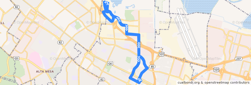 Mapa del recorrido MVgo West Bayshore Shuttle de la línea  en Mountain View.