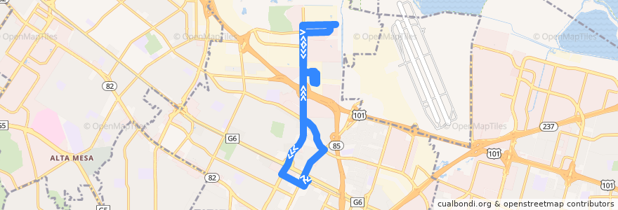 Mapa del recorrido MVgo East Bayshore Shuttle (mornings) de la línea  en Mountain View.