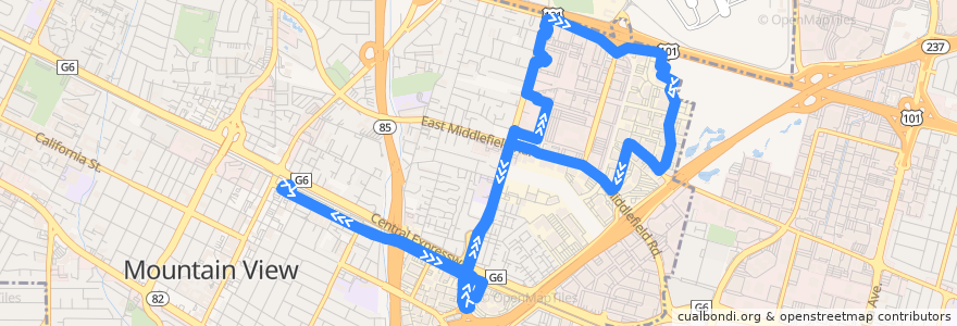 Mapa del recorrido MVgo East Whisman Shuttle (mornings) de la línea  en Mountain View.