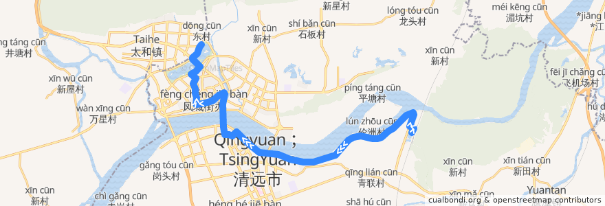 Mapa del recorrido 清远105路公交（武广高铁站→飞来湖总站） de la línea  en District de Qingcheng.