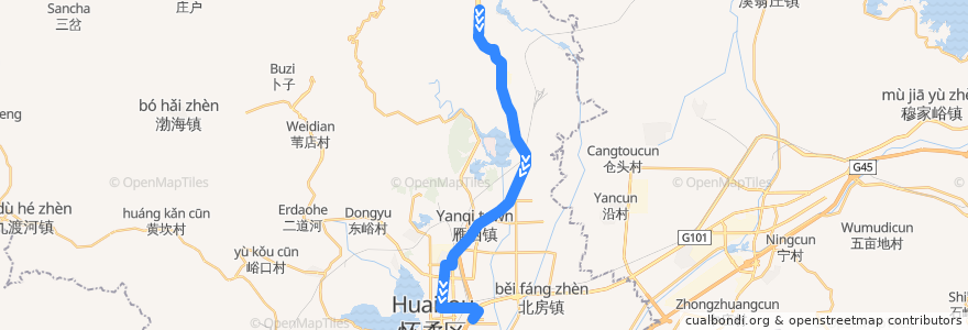 Mapa del recorrido H64 怀柔区新医院北>河防口 de la línea  en 怀柔区.