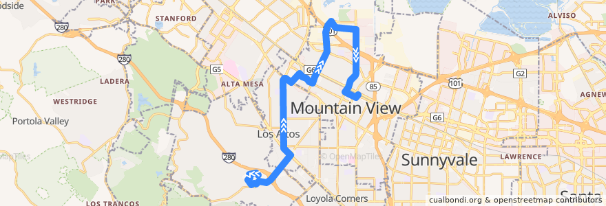 Mapa del recorrido VTA 40: Foothill College => Mountain View de la línea  en Santa Clara County.