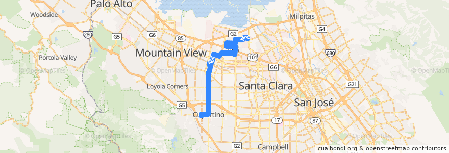 Mapa del recorrido VTA 55: Great America => De Anza College de la línea  en Sunnyvale.